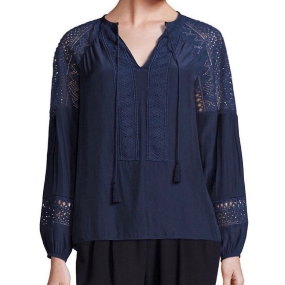 Ramy Brooke Navy blue Long Sleeve Laced Winnie Blouse Size Medium - Picture 1 of 12